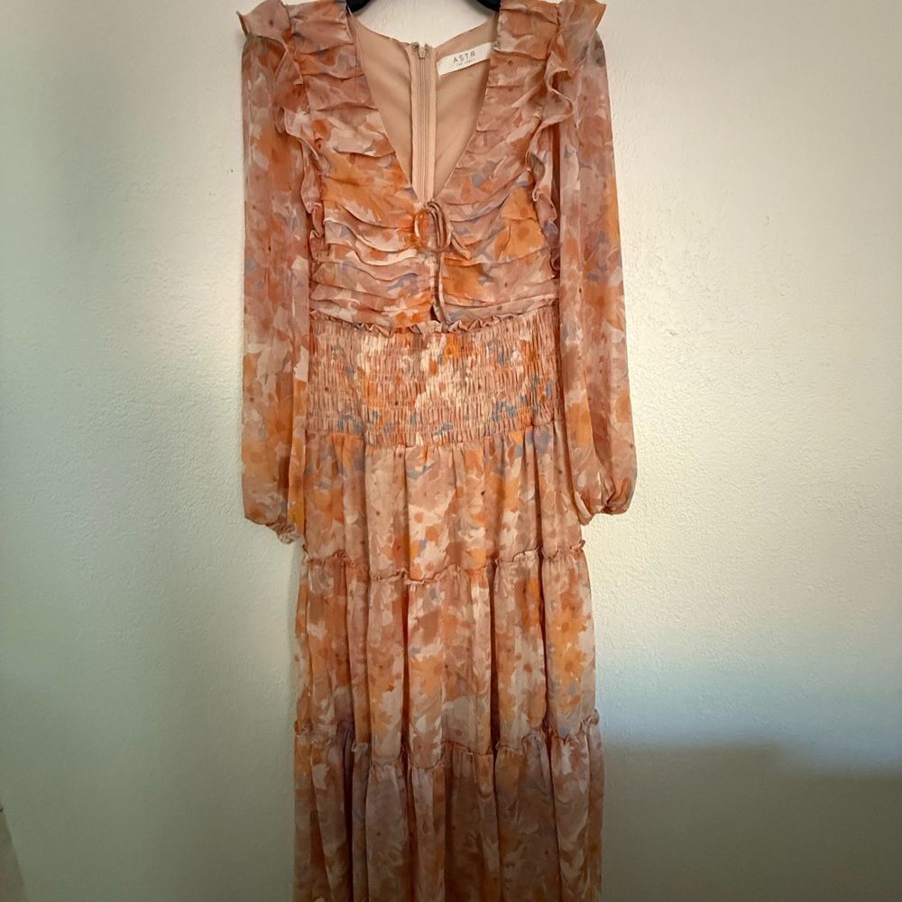 Astr Long Sleeve Floral Dress in Orange and Cream